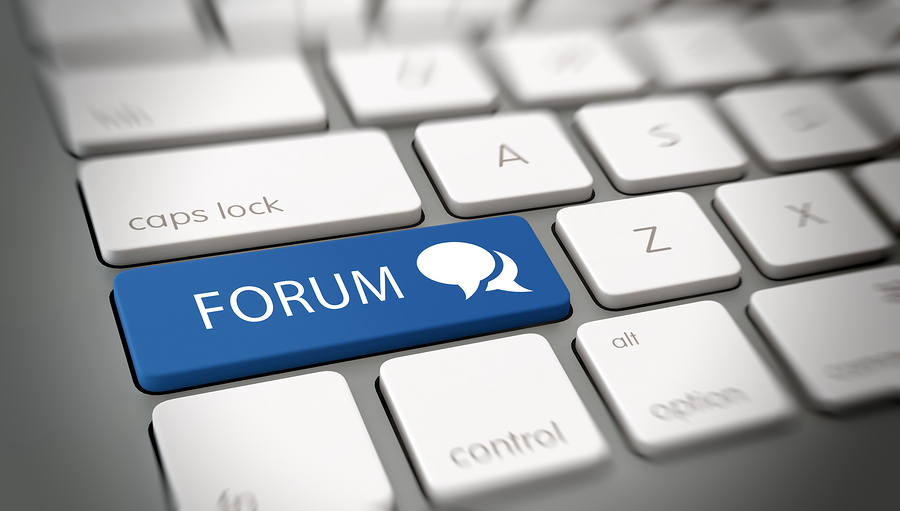 Online or internet Forum concept with blue enter button on a whi
